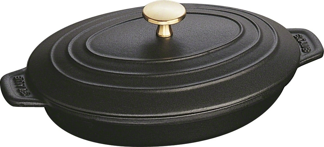 SCHOTEL 23CM OVAAL M/DEKSEL GIETIJZER ZWART