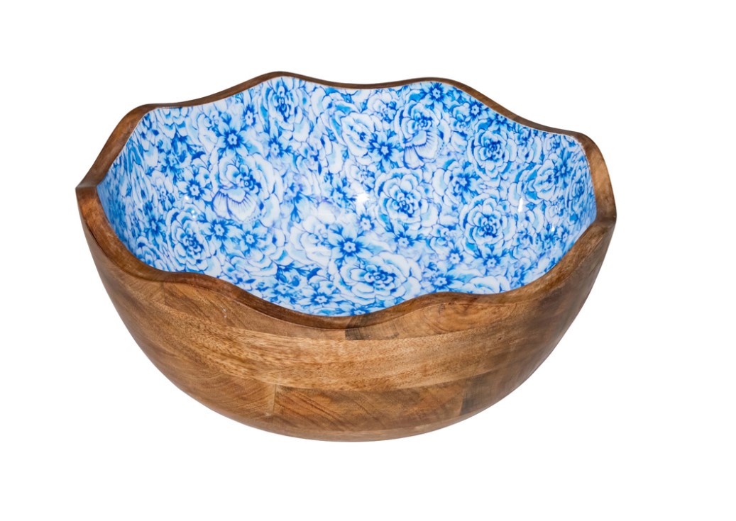 KOM HOUT 30XH11CM BLAUWE BLOEM