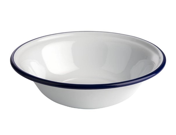 KOM EMAILLE 16.5XH4.5CM WIT MET BLAUWE RAND